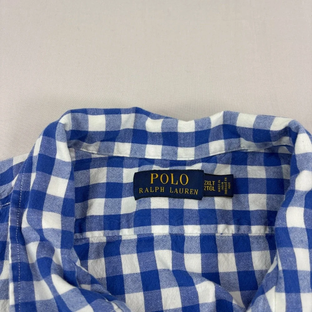 Polo Ralph Lauren Shirt Mens 2XLT Tall Blue Plaid Button Up Loop Collar Beach